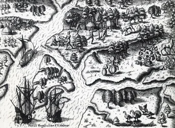Frenchs ankomst til Port Royal i 1564, av Theodor de Bry (1528-1598) fra maleri av Jacques le Moyne de Morgues (ca 1533-før 1588), gravering