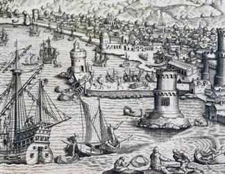 Ankomst av Girolamo Benzoni i havnen i La Palma, gravering fra Historia Americae, av Theodor de Bry (1528-1598), Frankfurt