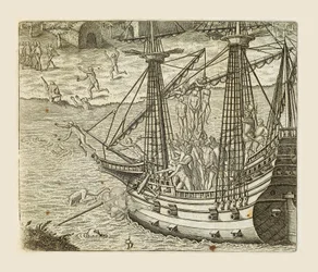 Bartolomeo Diaz henger noen indianere på karavel, gravering av Theodor de Bry (1528-1598) fra Amerika