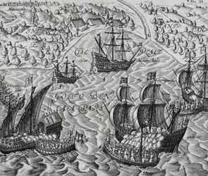 Slag foran byen Matical i Bengalbukta, gravering fra Indiae Orientalis, av Theodor de Bry (1528-1598)