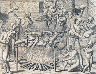 Kannibalisme blant stammer i Brasils indre, gravering fra Amerikansk historie av Theodore de Bry (1528-1598), Frankfurt, Sør-Amerika