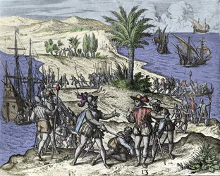 Kristoffer Columbus og hans bror ble arrestert av Francisco de Bobadilla i 1500. Gravering av Théodore de Bry (1528-1598).