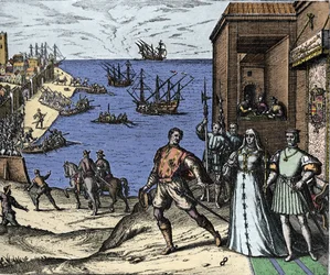 Christopher Columbus og Pinzon-brødrene forlot havnen i Palos i Spania 03.08.1492 til den nye verden. Høyre Kongen og dronningen av Portugal katolske Ferdinand II av Aragon og Isabella Iere av Castilla. Gravering av Theodore de Bry i "" Admirante