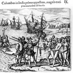 Christopher Columbus ankommer Vestindia. Gravering av Theodore de Bry i ""Amazing Story - America""
