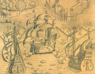 Sammenstøt mellom franske og portugisiske skip i Atlanterhavet for besittelse av Brasil, illustrasjon fra amerikansk historie av Theodore de Bry