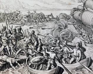 Sammenstøt mellom innfødte indianere og spanske tropper, gravering fra Historia Americae, av Theodor de Bry (1528-1598), Frankfurt