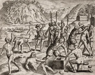 Beskrivelse av forbrytelser påført indianere av spanske bosettere - Conquistadorer massakrerer en indianerlandsby. Amputasjoner av hender - Gravering av Theodore de Bry i «Narratio regionum indicarum per Hispanos quosdam devastatarum verissima» av