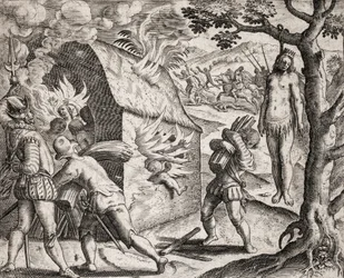 Beskrivelse av forbrytelser påført indianere av spanske nybyggere - En indianerlandsby brennes av conquistadorene. Hengning - Gravering av Theodore de Bry i «Narratio regionum indicarum per Hispanos quosdam devastatarum verissima» av Bartolome de las Casas