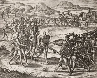 Description of crimes inflicted on Indians by Spanish settlers - Indians bringing gifts and gold to the Conquistadors - Engraving by Theodore de Bry in “” Narratio regionum indicarum per Hispanos quosdam devastatarum verissima”” by Bartolome de las Casas (