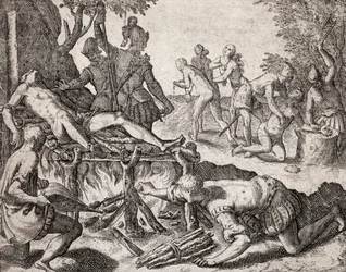 Beskrivelse av forbrytelser begått mot indianere av spanske nybyggere - Scene med tortur av indianere ved spanske conquistadorer. Tortur på en rist, amputasjon av hender - Gravering av Theodore de Bry i «Narratio regionum indicarum per Hispanos quosdam
