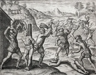 Beskrivelse av forbrytelser påført indianere av spanske bosettere - Spanjoler som torturerer indianere - Gravering av Theodore de Bry i «Brevísima relación de la destrucción de las Indias» av Bartolomé de las Casas (1484-1566)