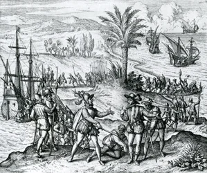 Francisco de Bobadilla ankommer som guvernør og arresterer Kristoffer Columbus (1451-1506) på Hispaniola, 1500, 1590