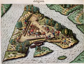 Amerikas historie: "" Bygging av et trekantet fort av de franske hærene til Jean Ribault (eller Ribaud) nær St. John River i Florida"" Gravering fra "" Admirante Narratio Americae"" (History of America) av Theodore de Bry ( 1528-1598)