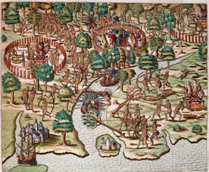 Amerikas historie: "" Beskrivelse av metoder for beleiring og angrep, indianere som kjemper mot spanske armees"" Resit av fangenskapet til Hans Staden, tysk oppdagelsesreisende som dro med de spanske flåtene til Brasil, tatt til fange av Tupinamba-indianer