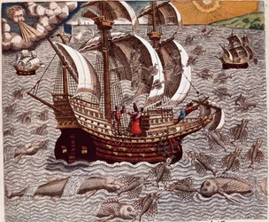 Amerikas historie: "" Reise med spanske karaveller omgitt av flygende fisk"" Resit av reisene til Hans Staden, tysk oppdagelsesreisende som dro med de spanske flåtene til Brasil, tatt til fange av Tupinamba-indianerne. Gravering fra «Americae tertia pars m