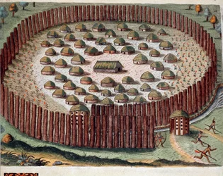 Amerikas historie: "" Representasjon av en indisk landsby befestet i Florida"" Gravering fra "" Admirante Narratio Americae"" av Theodore de Bry (1528-1598)