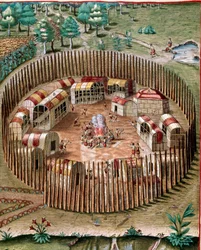 Amerikas historie: "" Representasjon av den befestede byen Pomeiock eller Pomeiooc i Virginia i 1585""" Gravering fra "" Admirante Narratio Americae""" av Theodore de Bry (1528-1598)
