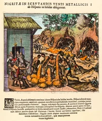 Amerikas historie: Spanjolene utnytter gullgruver. Indianerne arbeider for nybyggernes øyne. Stikk av Theodore de Bry (1528-1598). 16. århundre. Privat samling