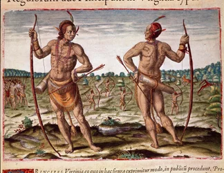 Amerikas historie: "" To innbyggere i Virginia, indiske våpen med piler og bue"" Gravering fra "" Admirante Narratio Americae"" av Theodore de Bry (1528-1598)