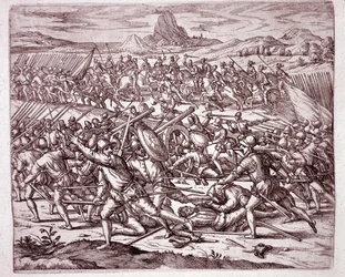 History of America: kamper mellom hærene til Vaca de Castro og Almagro junior etter døden til Francisco Pizarro og Diego de Almagro (Gravering