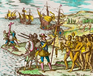 Amerikas historie: oppdagelsesreisende Kristoffer Columbus (1451-1506) blir ønsket velkommen av indianerne ved sin ankomst til Den nye verden. Gravering av Théodore de Bry (1528-1598). Gravering fra 16. århundre