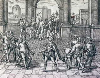 Inka-keiser Atahualpa blir tatt til fange av spanjoler i Cajamarca, Peru, gravering fra amerikansk historie av Theodore de Bry (1528-1598), Frankfurt