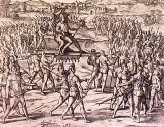 Inkakeiser Atahualpa beseiret av Francisco Pizarros (1475-ca. 1541) spanske tropper, Peru, gravering fra Amerikansk historie av Theodore de Bry (1528-1598), Frankfurt