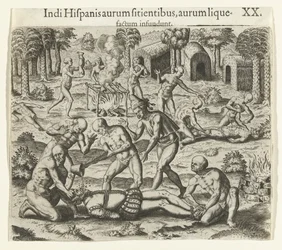Indianere heller flytende gull i munnen på en spanjol, 1594
