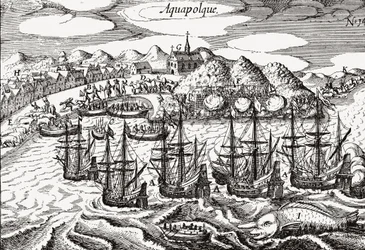 Mexico, View of Acapulco - Mexico (Aquapolque), Theodore de Bry, ca. 1630. Early view of the colonial settlement at Acapulco, which the Spanish used as the main port for their Pacific trade with the Philippines. The harbor is filled with galleons and a lar
