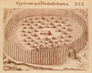 Native Village i Florida, illustrasjon fra The Discourse of Florida av Theodore de Bry