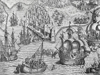 Sjøslag, gravering fra amerikansk historie av Theodore de Bry (1528-1598), Frankfurt