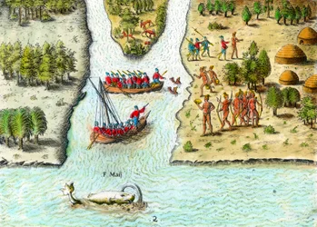 Navigasjon av franskmennene i Sør-Amerika på 1500-tallet”. En hval er representert. Gravering fra "History of America" av Theodore De Bry (1528-1598) 1500-talls privatsamling