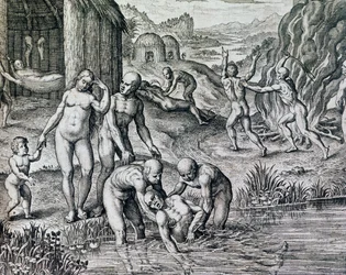 Midler brukt av innfødte mot sykdom, gravering fra Historia America, av Theodor de Bry (1528-1598), Frankfurt