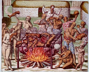 Scene med kannibalisme i Brasil. Indianere fortærte sine fiender og fanger. Gravering fra «Admirante Narratio Americae» av Theodore de Bry (1528-1598)