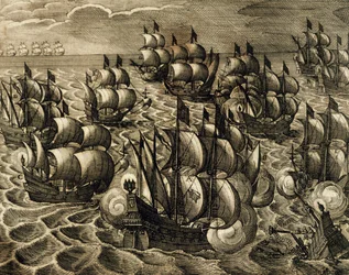 Spansk Armada-kommando av Rodrigo Mendoza, gravering av Theodore de Bry (1528-1598) hentet fra History of America av Theodore de Bry, Spania, 1602