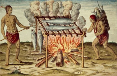 Taíno-urfolk som tilbereder fisk, fargegravering av Theodor de Bry (1528-1598) etter et maleri av John White, fra Brief and true report of new found land of Virginia