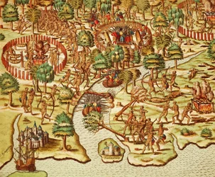 Teknikker for beleiring og angrep, gravering av Theodor de Bry (1528-1598), fra Americae tertia pars