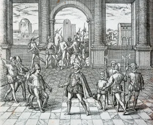 Inkakongen Atahualpa blir tatt til fange av spanjoler i Cajamarca, illustrasjon fra amerikansk historie av Theodore de Bry