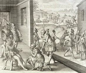 The Spanish Capture Fort Caroline, 1565, fra 'Newe Welt und Americanische Historien' av Johann Ludwig Gottfried, utgitt av Mattaeus Merian, Frankfurt, 1631