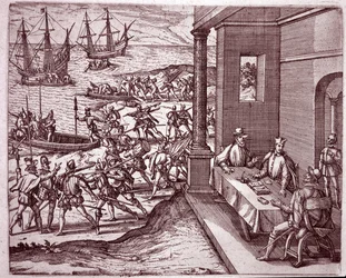De spanske conquistadorene Francisco Pizarro, Diego de Almagro og Hernando de Luque slo seg sammen for å erobre Peru (gravering)