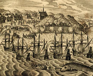 Utsikt over havnen i Acapulco i Mexico, gravering fra Historia Americae, av Theodor de Bry (1528-1598), Frankfurt