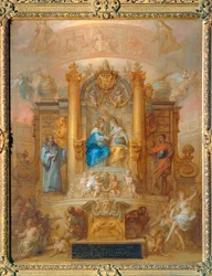 Alliansen mellom Ludvig XIV og Filip IV av Spania. Allegorisk fremstilling av Pyreneefreden ...
