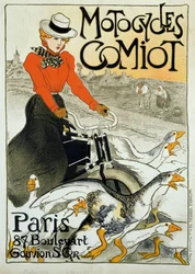 Reklameplakat for Comiot motorsykler. En ung kvinne på moped ruller blant en gruppe gjess. Plakat av Theophile Alexandre Steinlen (1859-1923). 1899. Paris, dekorativ kunst.