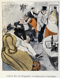 Filles et Marlous: Det er spanjolenes fest: Notarius betaler champagnen - i "Dans la vie" av Steinlen 1901 (samme tegning som nr. 27695)
