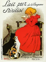 Mat og Drikke. Vingeanne melk. Liten jente med katter. Plakat av Steinlen, Frankrike, ca. 1890 (plakat)