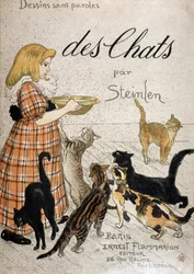 Jente som bringer en melkeskål til katter - cover “” Cats” av Steinlen, n.d. 19.