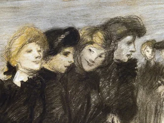 Utgangen av midinettene (detalj) (før 1907). Theophile Alexandre Steinlen (1859-1923). Kull og pastell på papir. Musee des Beaux-Arts de la Ville de Paris, PeuPalais.