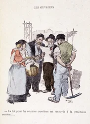 Arbeidere: Loven for arbeidernes pensjoner er utsatt til neste sesjon... - i “” In life””, av Steinlen 1901