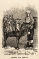 En kullhandler, med eselet sitt, i Djewilisk (Nord-Anatolia), gravert etter en tegning av fortelleren, som illustrerer en reise i Lazistan og Armenia, fra 1869, av Theophile Deyrolle, publisert i "" Le tour du monde"" 1875, redigert av Edouard Charton