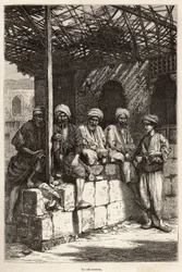 En armensk kafé, et sted for maskulin gemyttlighet, for å drikke kaffe og røyke pipe, gravering etter en tegning av forfatteren, som illustrerer reisen i Lazistan og Armenia, av Theophile Deyrolles, i 1869, publisert i "" Le tour du monde" "" 1875, e